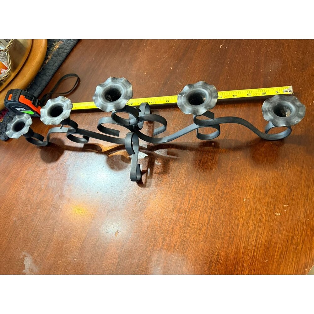 Wrought Iron 5-Candle Holder With Scroll Design Black Metal Approx. 18” Long